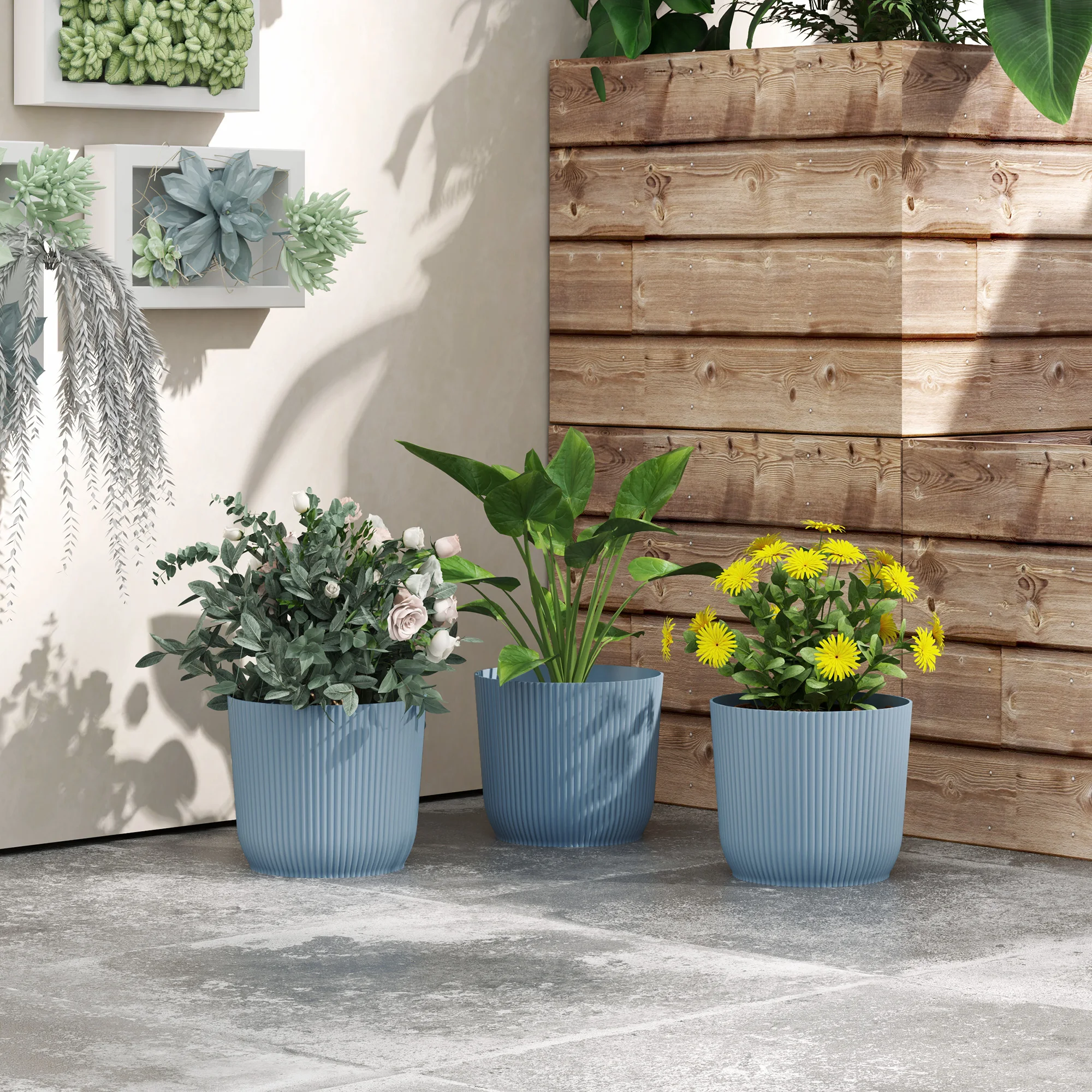 Outsunny Set of 3 Plastic Round Plant Pots Outdoor 22cm, Garden Planters, Flower Pots for Garden Decoration, Blue