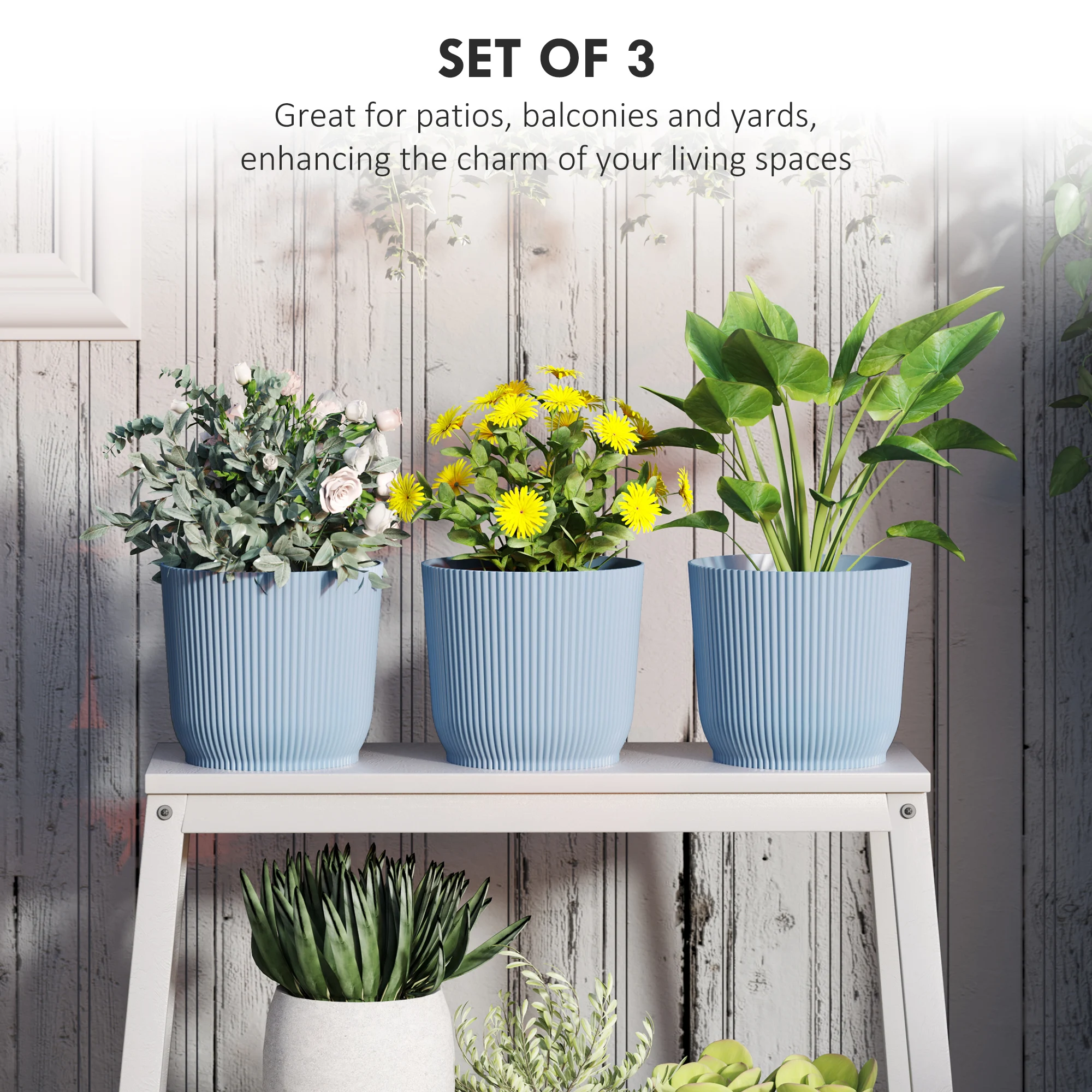 Outsunny Set of 3 Plastic Round Plant Pots Outdoor 22cm, Garden Planters, Flower Pots for Garden Decoration, Blue