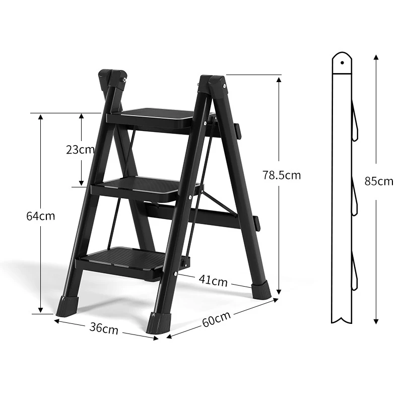 3 Step Foldable Heavy Duty Stepladder Household Anti-Slip Step Stool (Black)