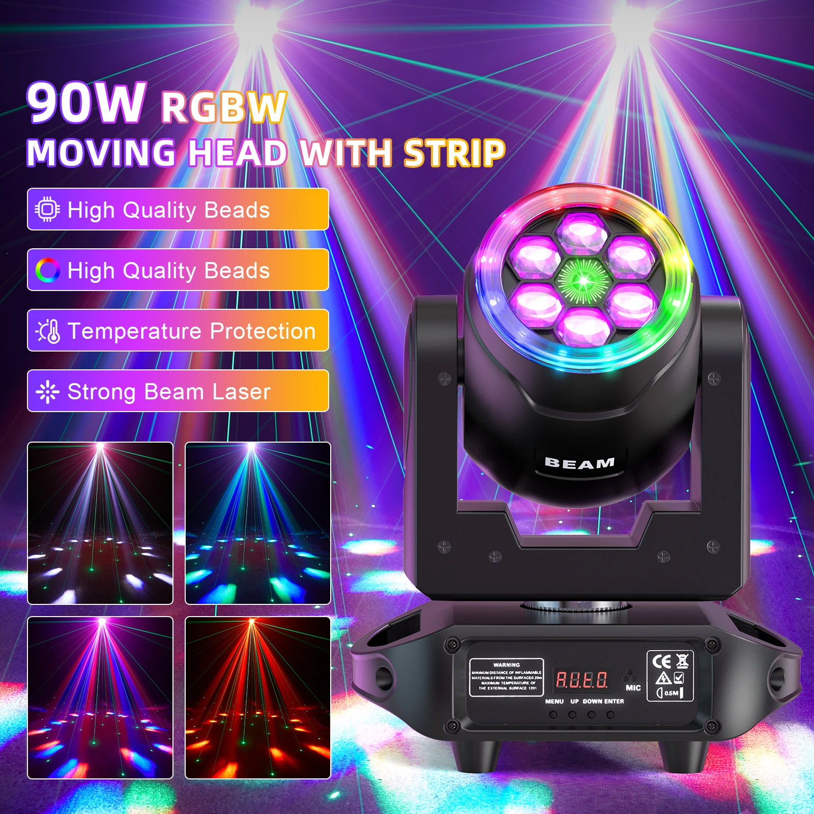 Leleght 90W RGBW Moving Head Light with Bee's Eye 360° Rotation Halo Strip DMX512 Voice Control for Wedding Party and Ball