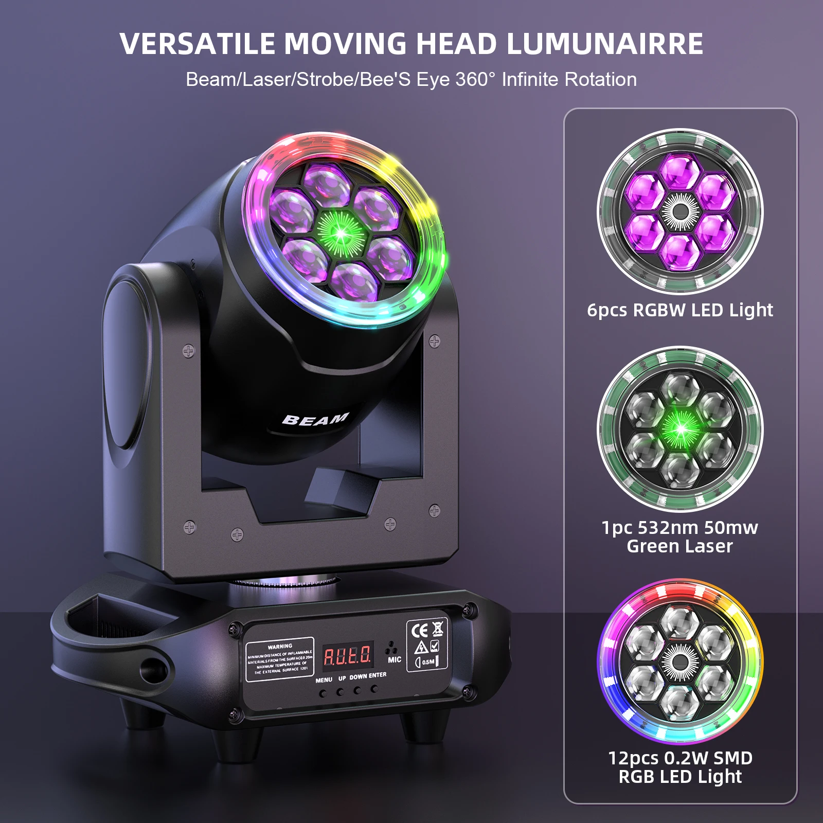 Leleght 90W RGBW Moving Head Light with Bee's Eye 360° Rotation Halo Strip DMX512 Voice Control for Wedding Party and Ball