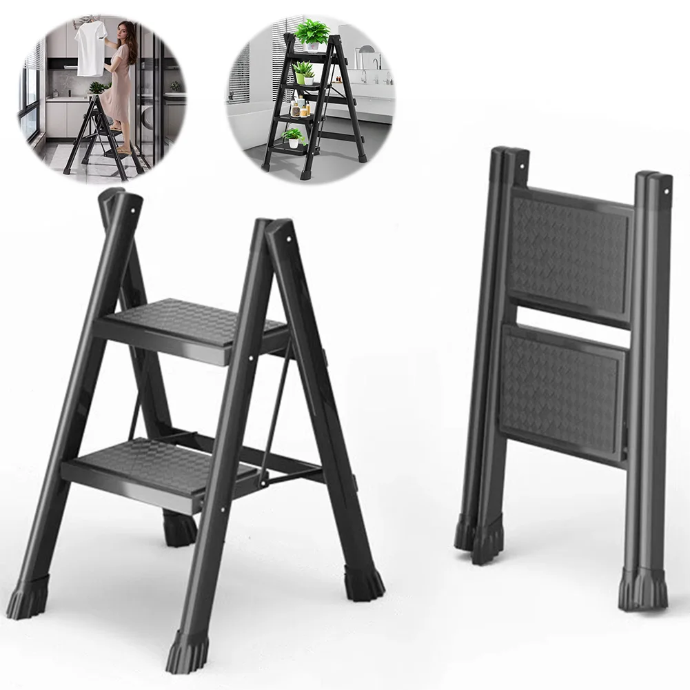 2 Step Foldable Heavy Duty Stepladder Household Anti-Slip Step Stool (Black)