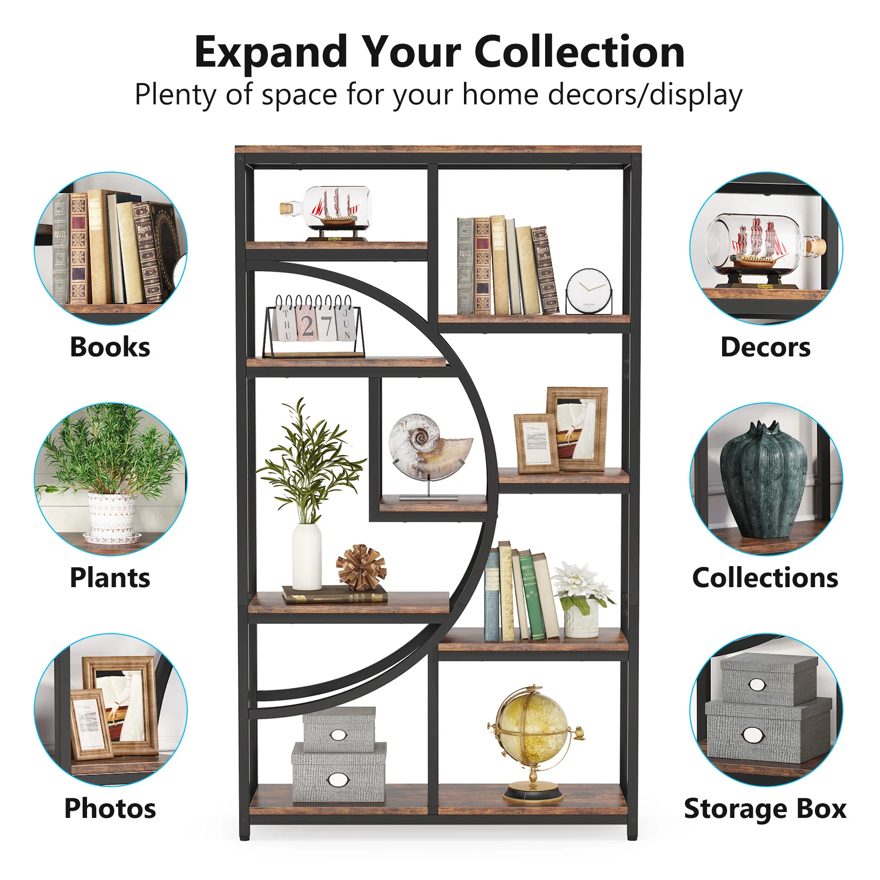 Tribesigns Bookshelf, Industrial 5 Tier Etagere Bookcase, Freestanding Tall Bookshelves Display Shelf Storage Organizer