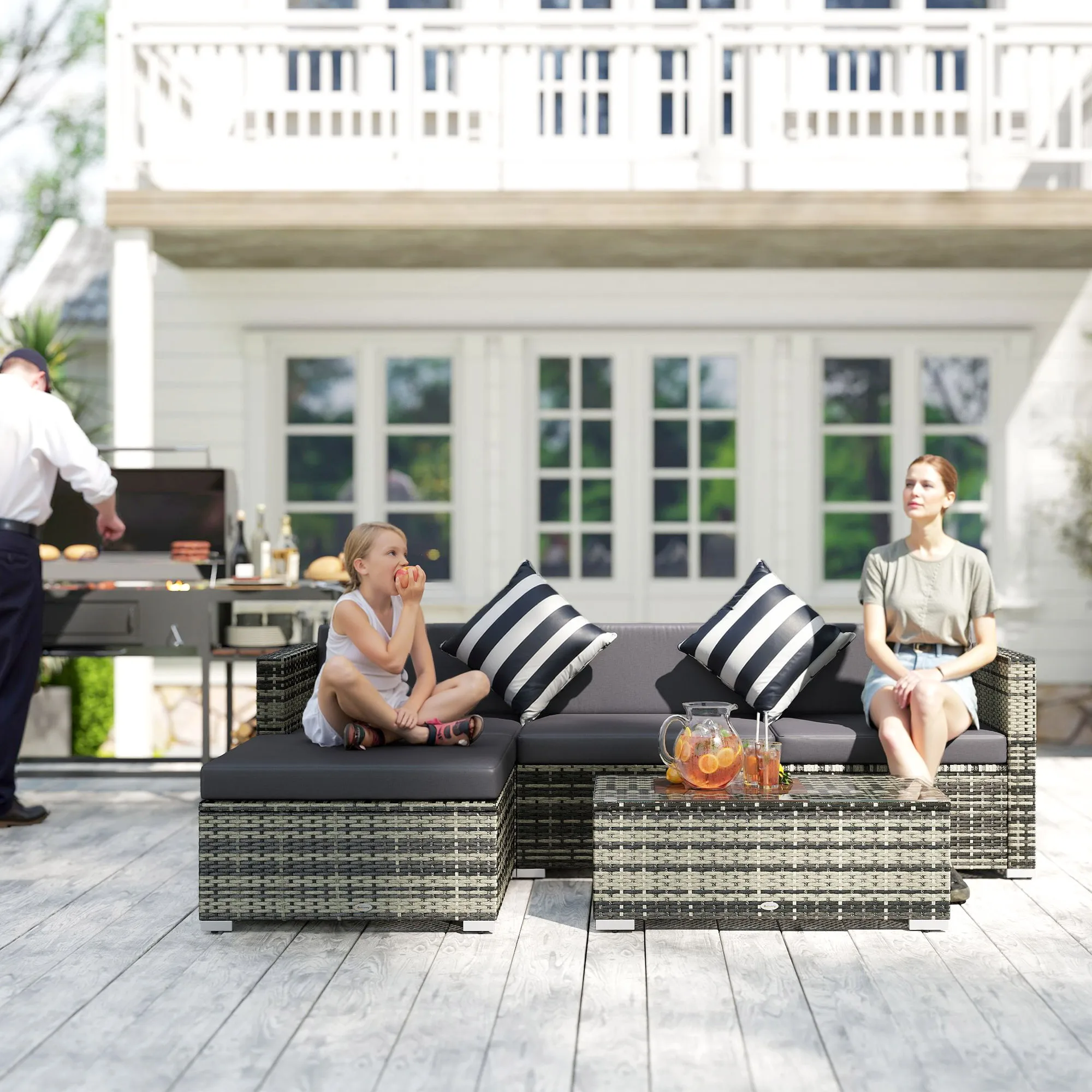 Outsunny 5 Piece Rattan Garden Furniture Set, Outdoor Corner Sofa with 67 cm Wide & Deep Seat, Sectional Outdoor Furniture