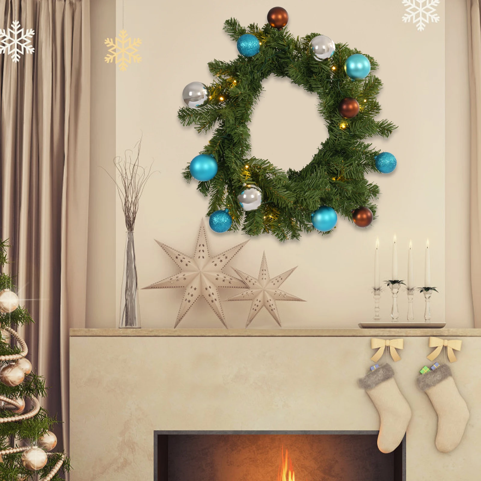 Christmas Wreath w/ 15 LED Light for Front Door 45 cm, Artificial Door Wreath , Xmas Wreath for Christmas atmosphere