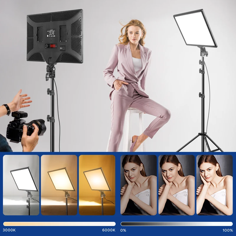 Video Lighting Kit, Photography Bi-Color Light Panel With Tripods Stand And Remote Control,Light For Photo Studio Shooting(17in)