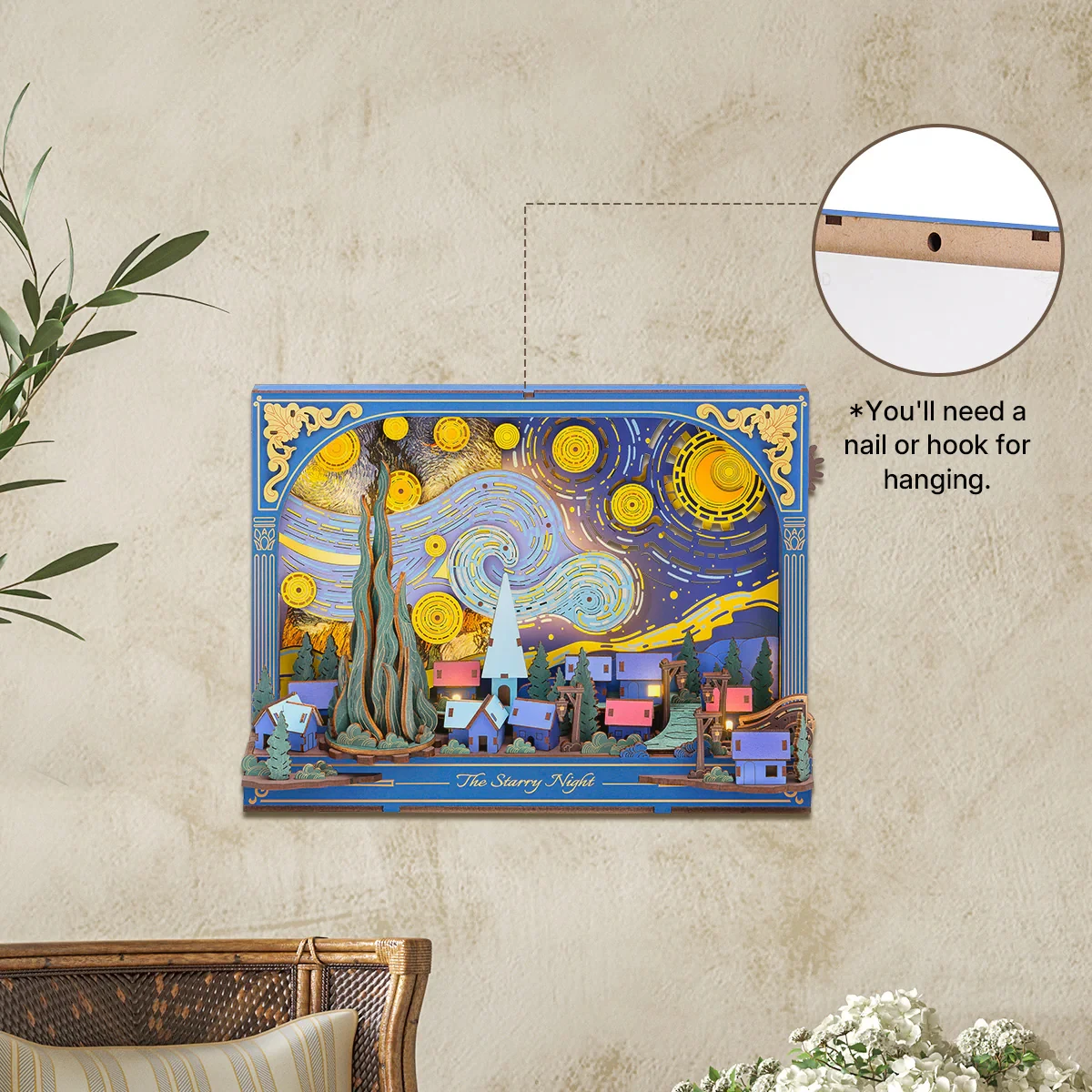 Robotime The Starry Night Wall Art Moving 3D Wooden Puzzle with LED Light Gears Interactive Desk Decor Unique DIY Gift for Adult