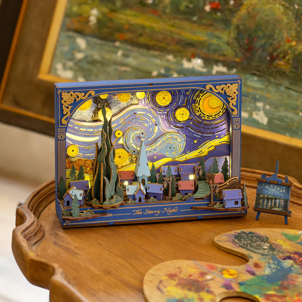 Robotime The Starry Night Wall Art Moving 3D Wooden Puzzle with LED Light Gears Interactive Desk Decor Unique DIY Gift for Adult