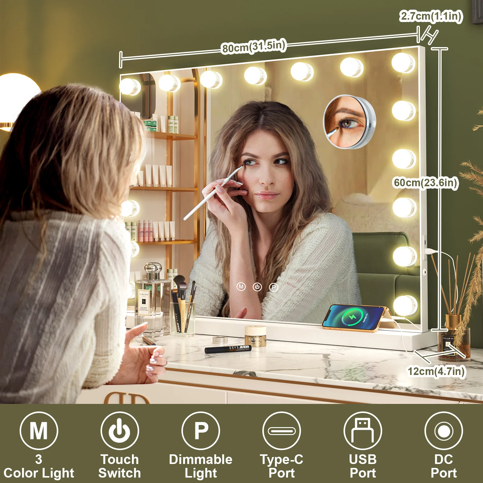 Vanity Hollywood Mirror 17 LED Makeup Light Up Mirror Dressing USB Charging Port