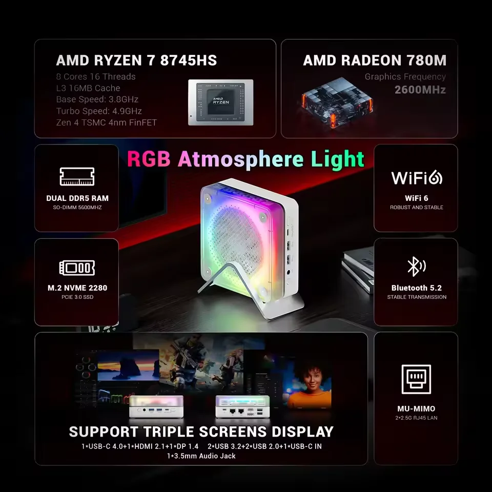 Firebat Mn56 Mini Pc Amd Ryzen 7 8745Hs, 16Gb Ddr5 512Gb Ssd, Windows 11 Pro, Wifi 6 Bt 5.2, 8-Core Gaming/Office Mini Desktop