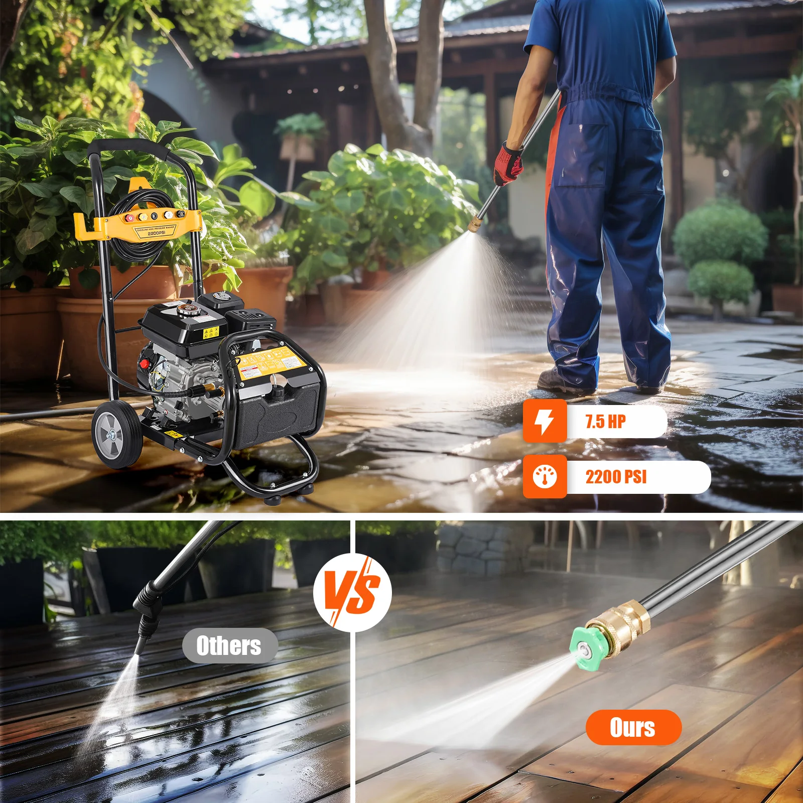 7.5HP Pressure Washer 3400RPM 2200PSI High Pressure Washer Machine with 5 Different Nozzles Outlet Inlet Pipe