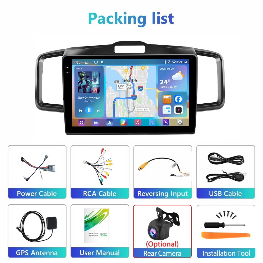Podofo Wireless Carplay Android Auto Car Radio 4GB+64GB Stereo Multimedia Player 10 Inch GPS For Honda Fit MPV/Freed 2008-2015
