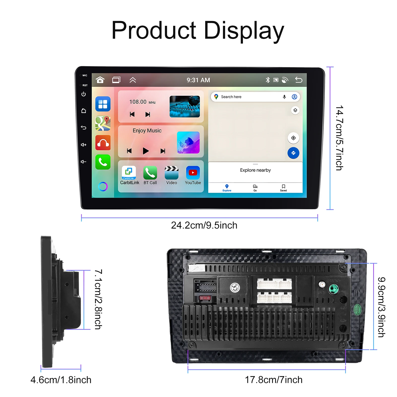 Podofo 6GB+128GB Car Radio Wireless Carplay Android Auto Universal Multimedia Video Player 10.1 Inch 2 Din MirrorLink BT GPS