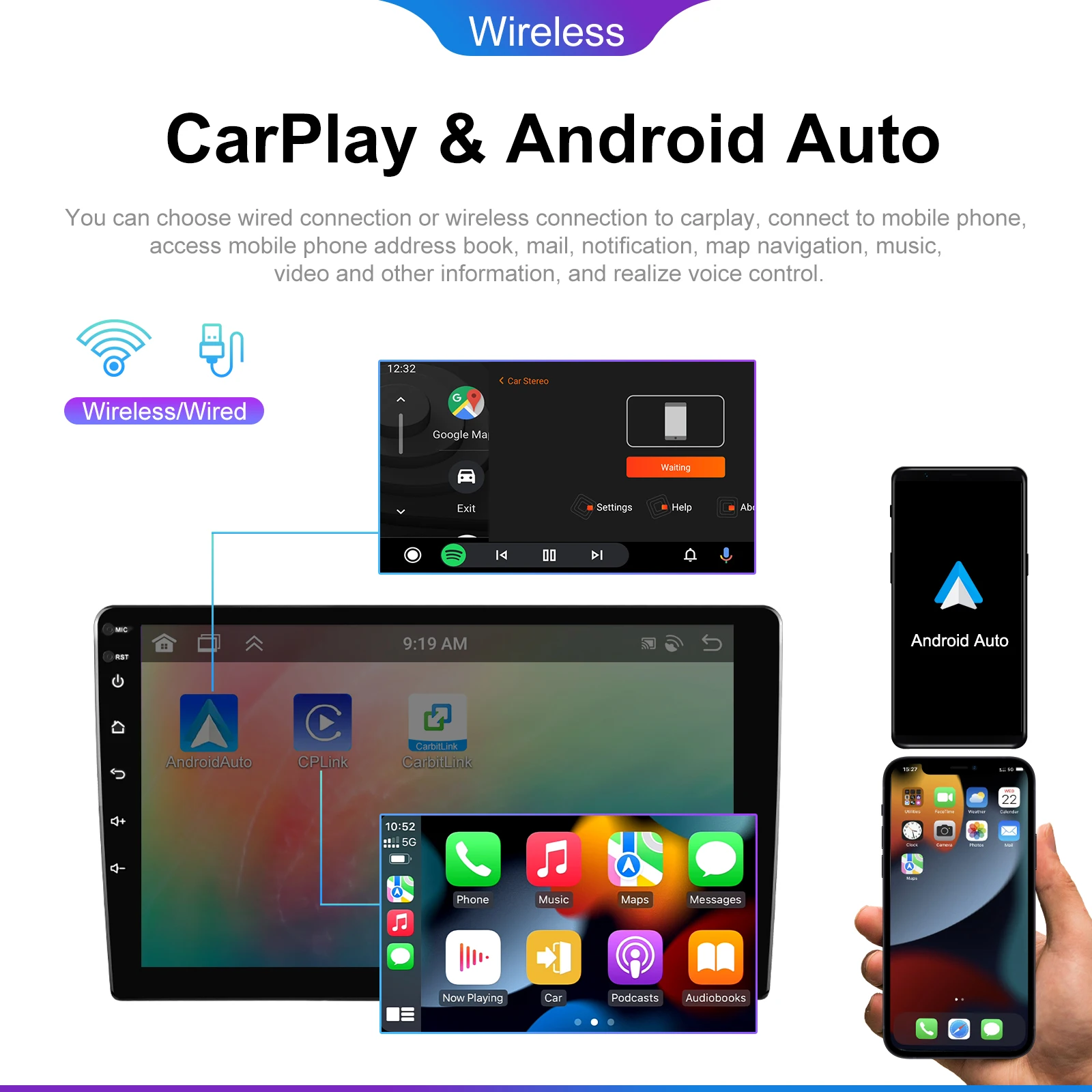Podofo 6GB+128GB Car Radio Wireless Carplay Android Auto Universal Multimedia Video Player 10.1 Inch 2 Din MirrorLink BT GPS