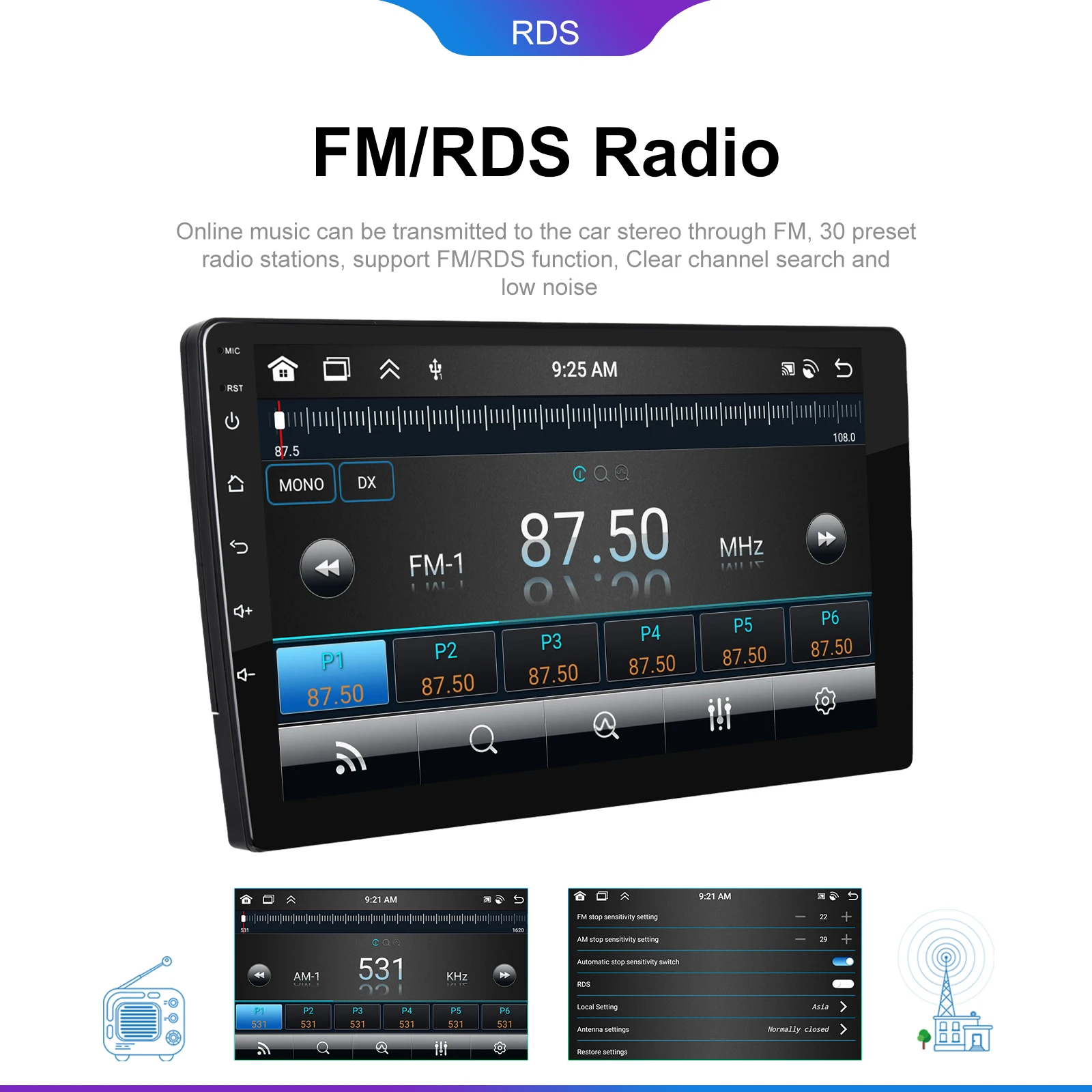Podofo 6GB+128GB Car Radio Wireless Carplay Android Auto Universal Multimedia Video Player 10.1 Inch 2 Din MirrorLink BT GPS