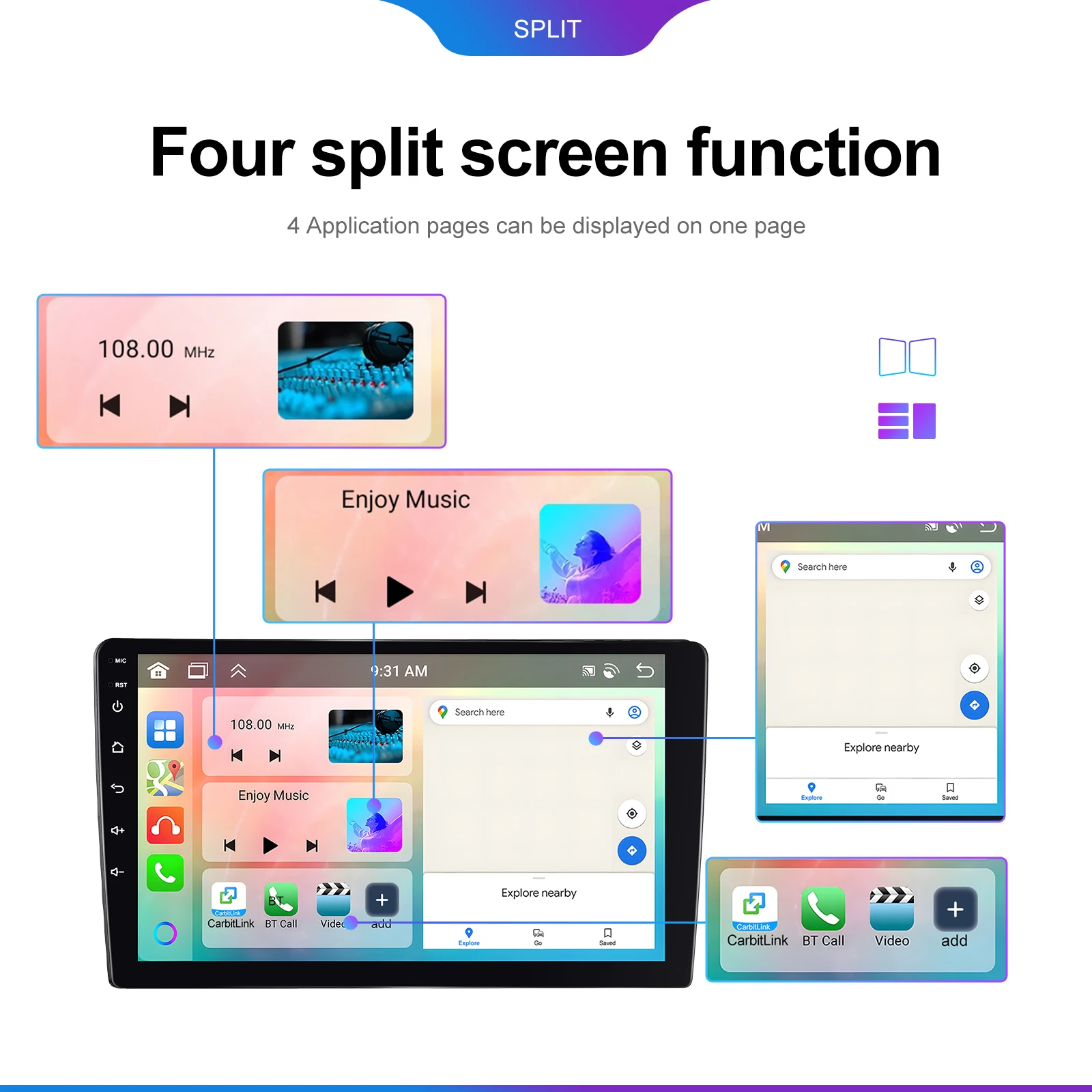 Podofo 6GB+128GB Car Radio Wireless Carplay Android Auto Universal Multimedia Video Player 10.1 Inch 2 Din MirrorLink BT GPS