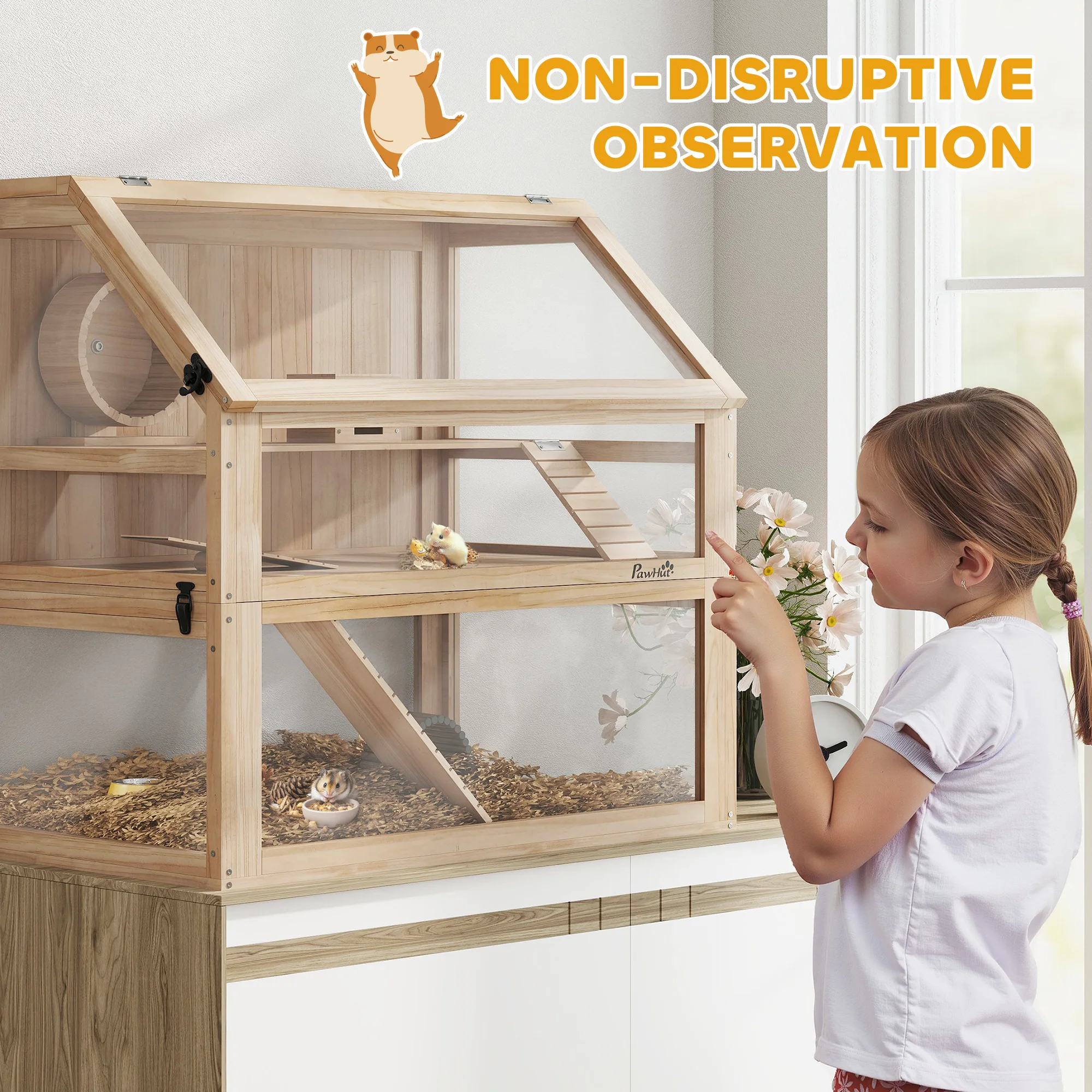 PawHut Wooden Hamster Cage 3 Tier Natural Wood Finish
