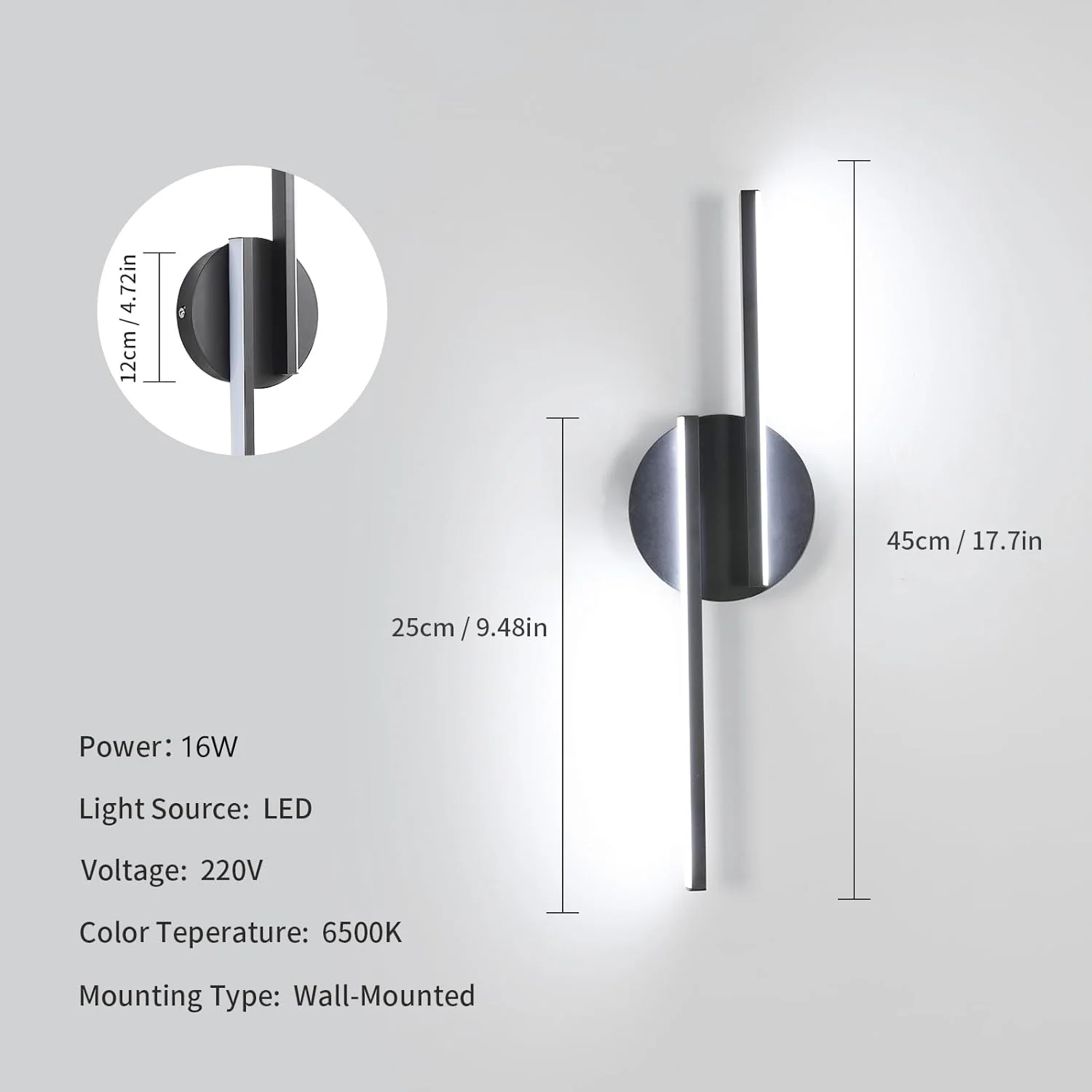 Black LED Interior Wall Sconce,16W Modern Wall Lamp,Black Lighting LED Wall Light for Bedroom, Living Room,Hallway, Stairs