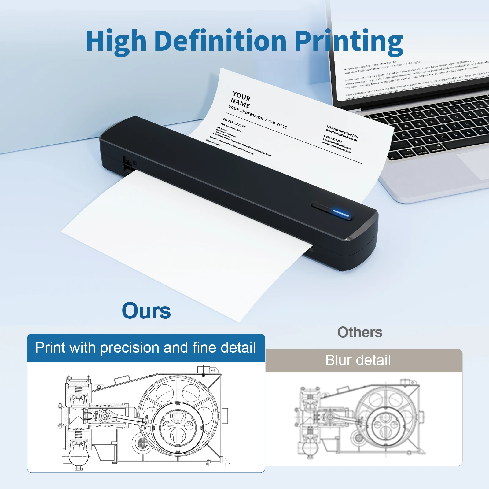 Portable A4 Thermal Printer Inkless Wireless C80 300DPI 1500mAh BT USB Type-C For Android iOS Office Work Home School Travel