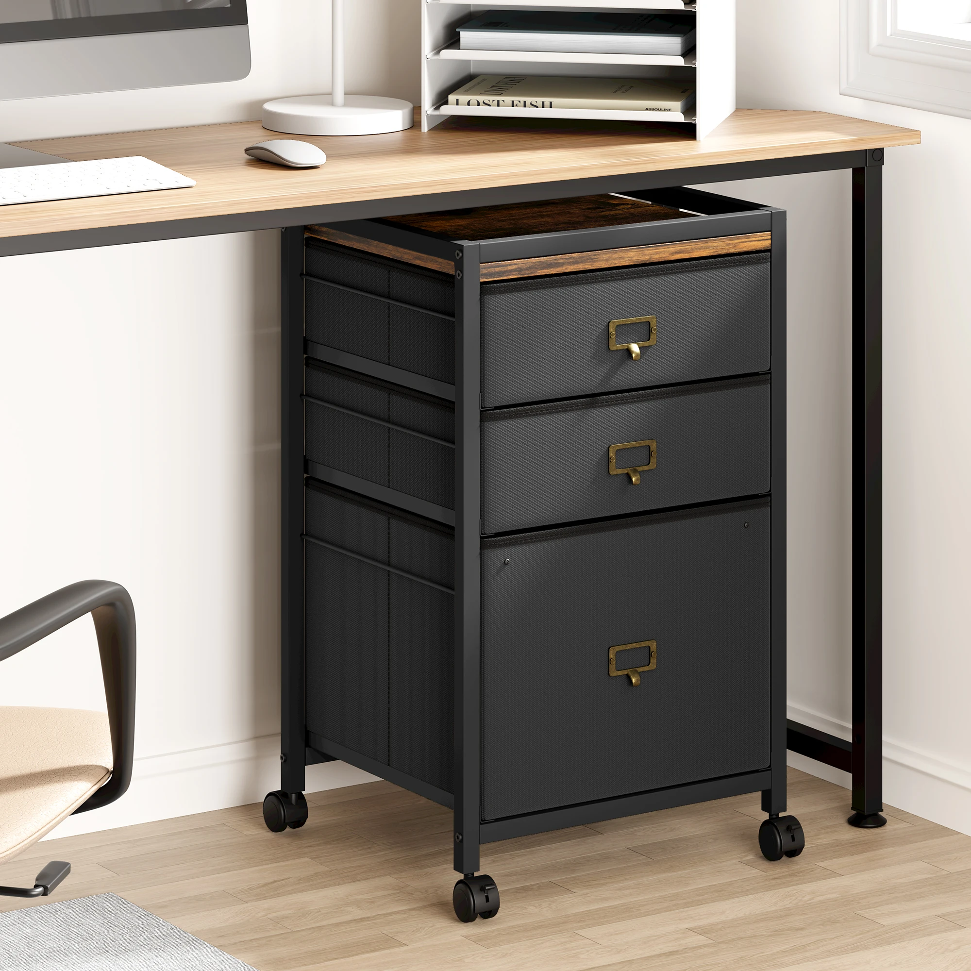 File Cabinet with Drawers, Mobile Filing Cabinet Fits Letter Size or A4, Fabric Vertical File on Wheels, Home Office