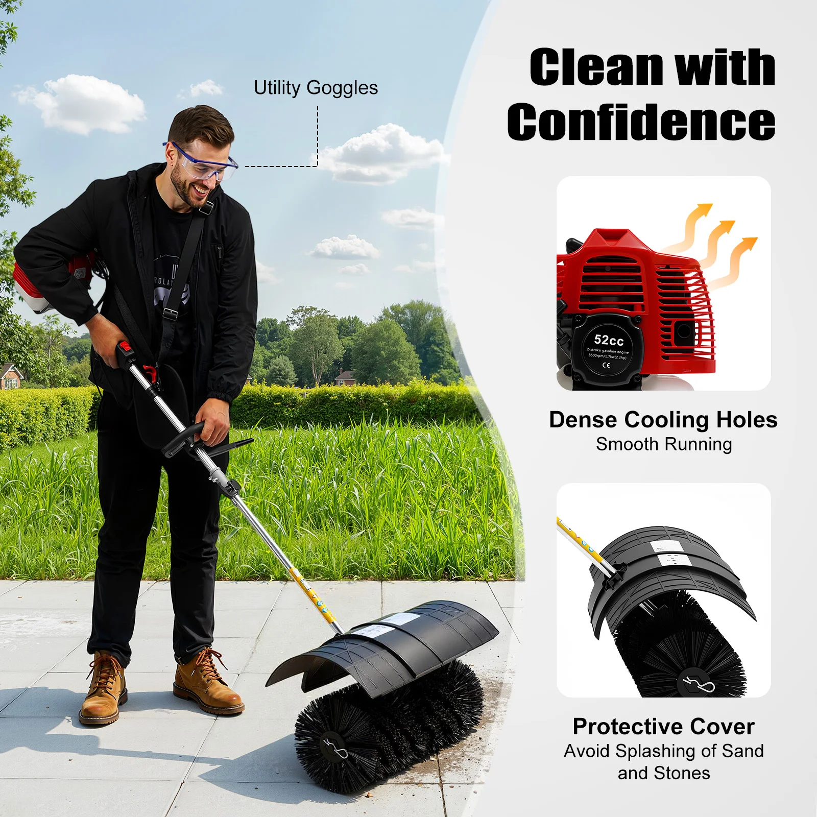 2.3HP 52CC Gas Powered Walk Behind Sweeper Multi Surface Brush Cleaner for Driveway Lawn Artificial Grass Garage Snow Removal