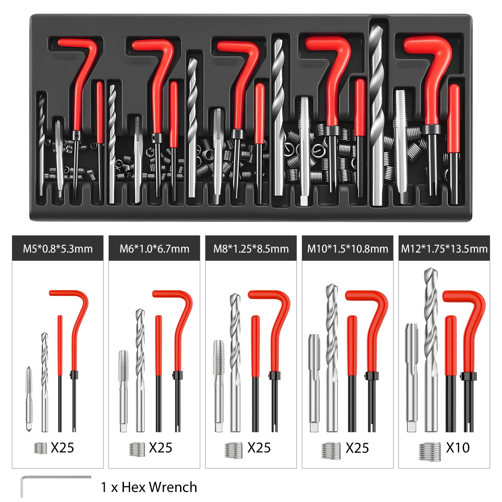 131-Pcs Helicoil Thread Repair Kit, M5 M6 M8 M10 M12 Insert Set Tool, for Car Engine & Motorcycle, Fix Stripped Threads