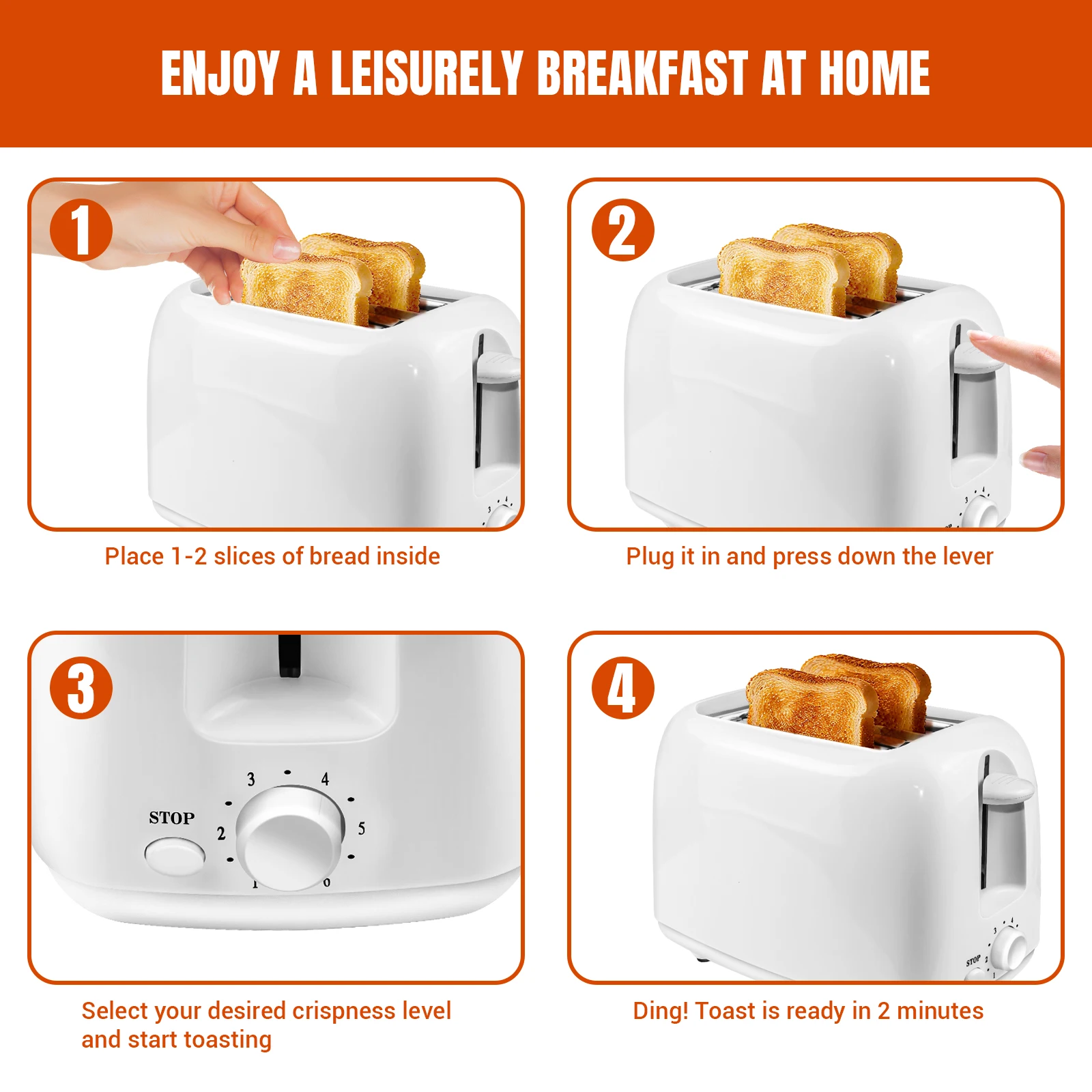 Bread Toaster 2 Slice with Wide Slots, 6 Browning Settings, High Lift, Slide-out Crumb Tray, Frozen, Reheat, Stop Functions, 90s