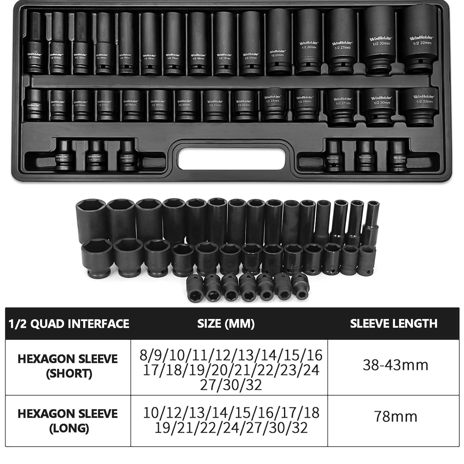 35PCS Impact Socket Set 8-32MM Deep Socket Wrench Air Pneumatic Repair Tool Car Repair Combined Tool with Black Case