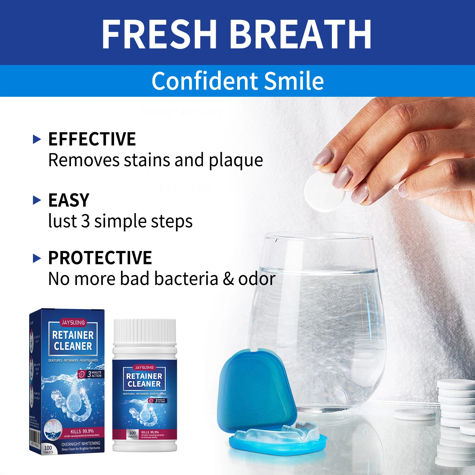 100 Tabs Denture Cleaning Tablet False Tooth Retainer Cleaner Tablets Whitening Remove Odor Discoloration Stain Plaque Oral Care