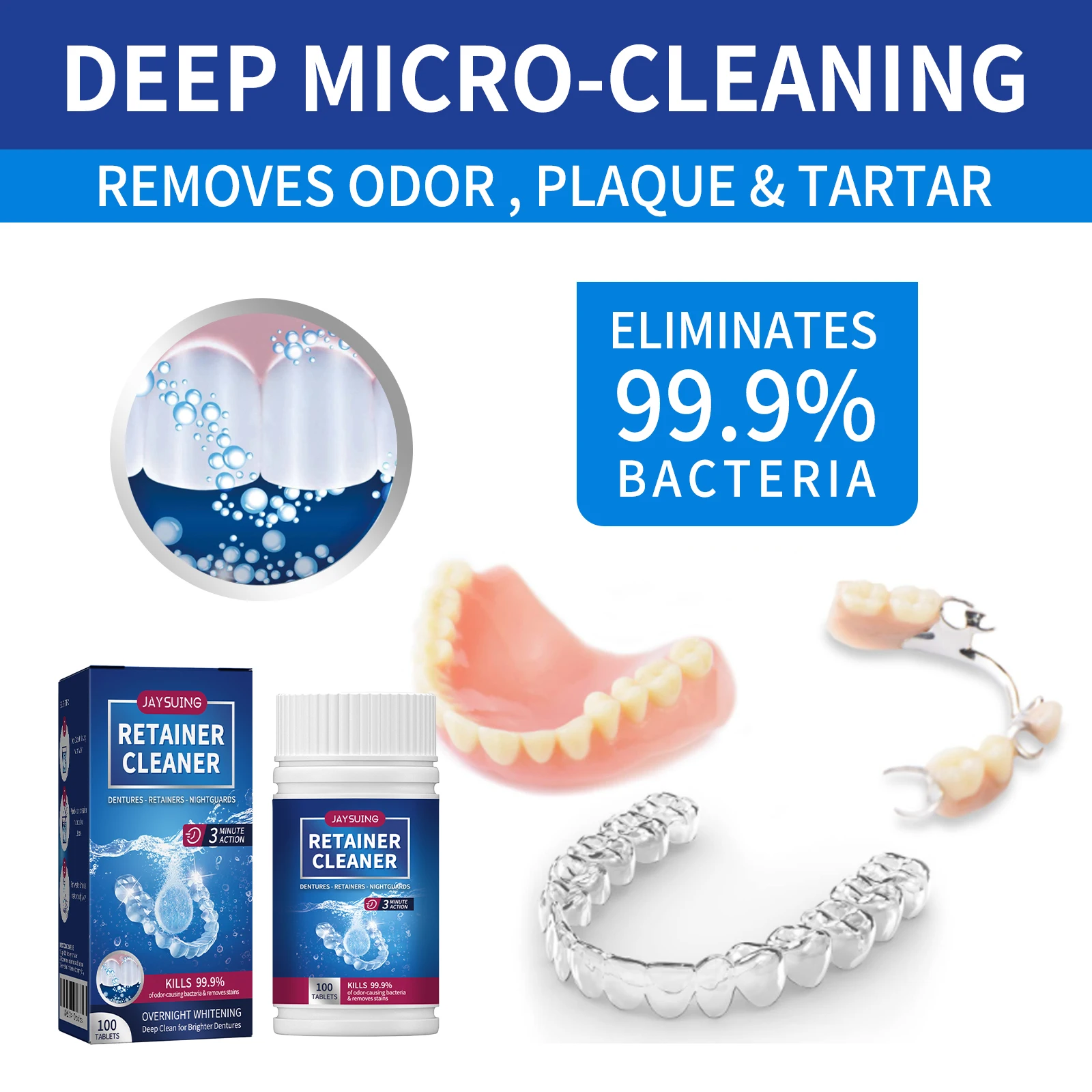 100 Tabs Denture Cleaning Tablet False Tooth Retainer Cleaner Tablets Whitening Remove Odor Discoloration Stain Plaque Oral Care