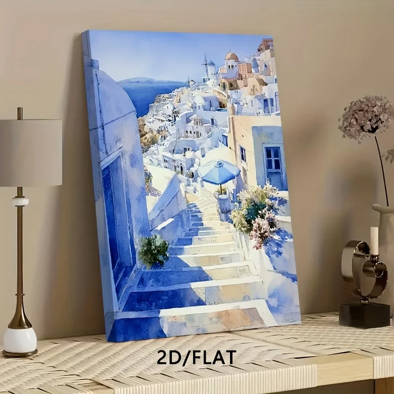 1PC 2D Flat, 1pc 2D High-definition Printed Santorini Scenery Canvas Poster, in Fresh and Beautiful Blue and White Tones. Framed Canvas Painting and Poster, Ready to Hang. Home Decor, Wall Art, Room Decoration. Ideal Gift for Living Room, Bedroom