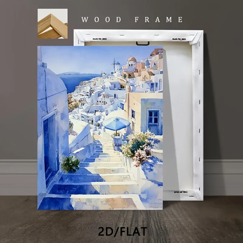 1PC 2D Flat, 1pc 2D High-definition Printed Santorini Scenery Canvas Poster, in Fresh and Beautiful Blue and White Tones. Framed Canvas Painting and Poster, Ready to Hang. Home Decor, Wall Art, Room Decoration. Ideal Gift for Living Room, Bedroom
