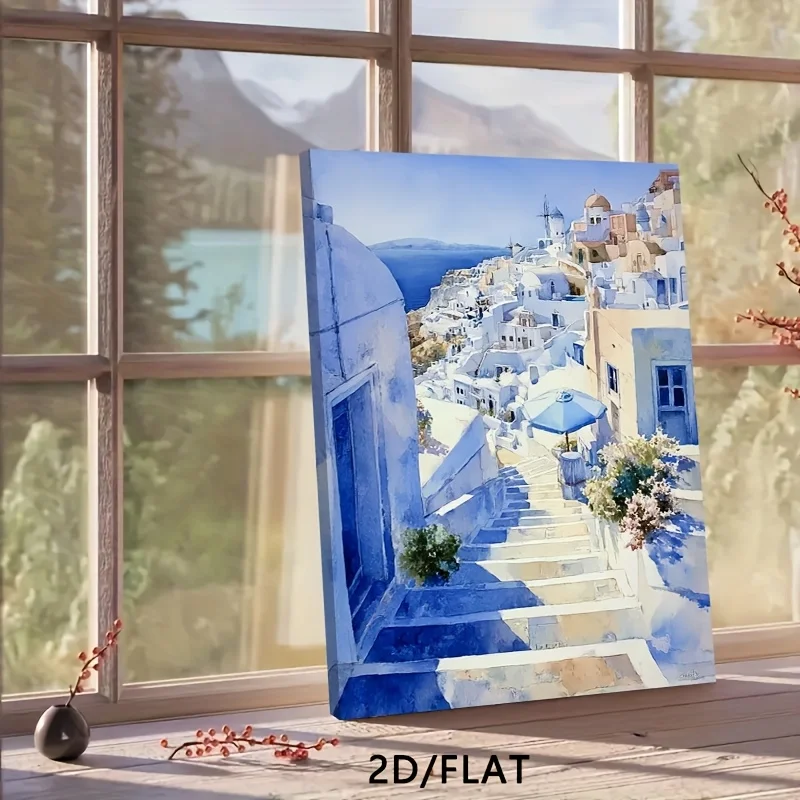 1PC 2D Flat, 1pc 2D High-definition Printed Santorini Scenery Canvas Poster, in Fresh and Beautiful Blue and White Tones. Framed Canvas Painting and Poster, Ready to Hang. Home Decor, Wall Art, Room Decoration. Ideal Gift for Living Room, Bedroom