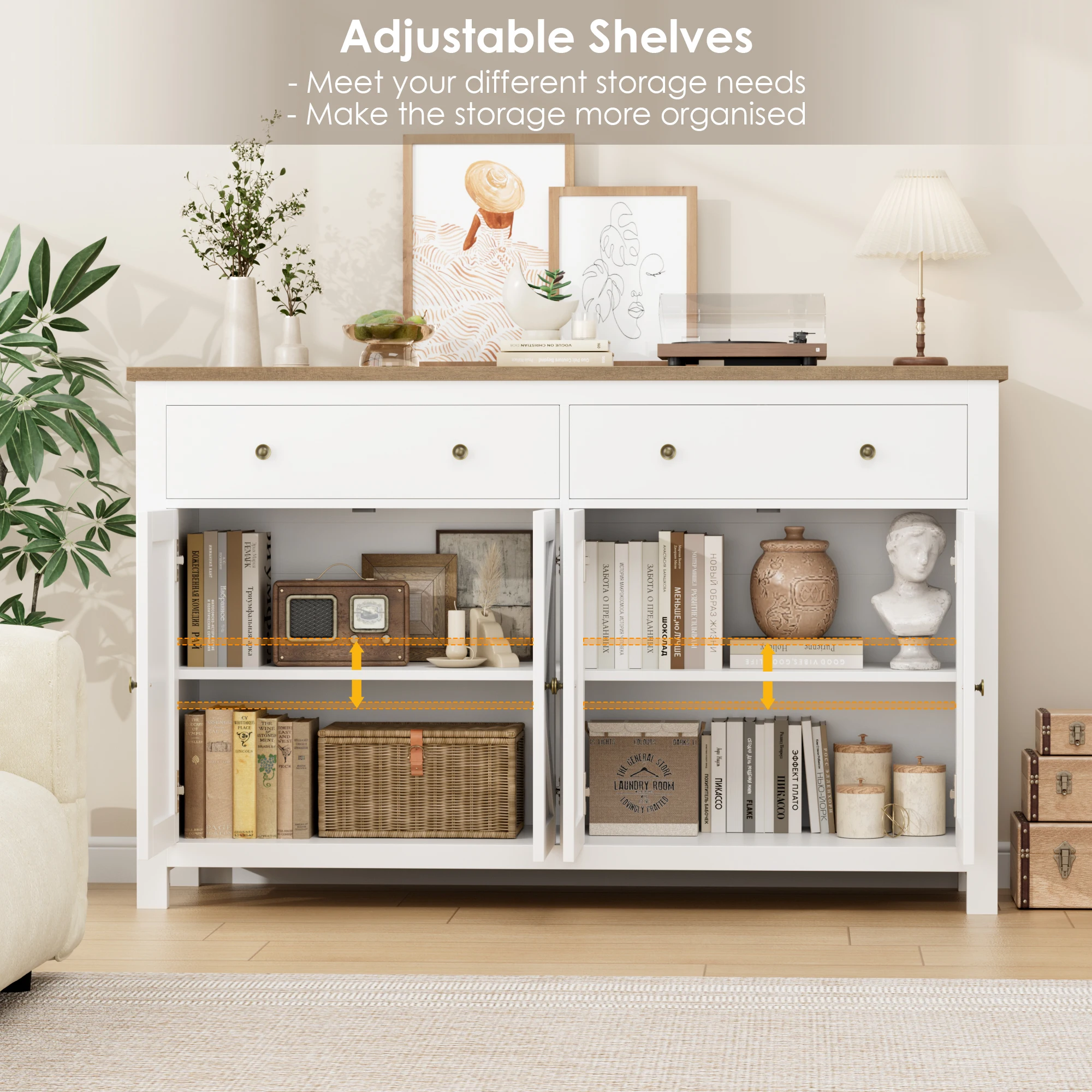 Getone White Sideboard Storage Cabinet 140cm Large Kitchen Cabinet for Living Room Dining Room