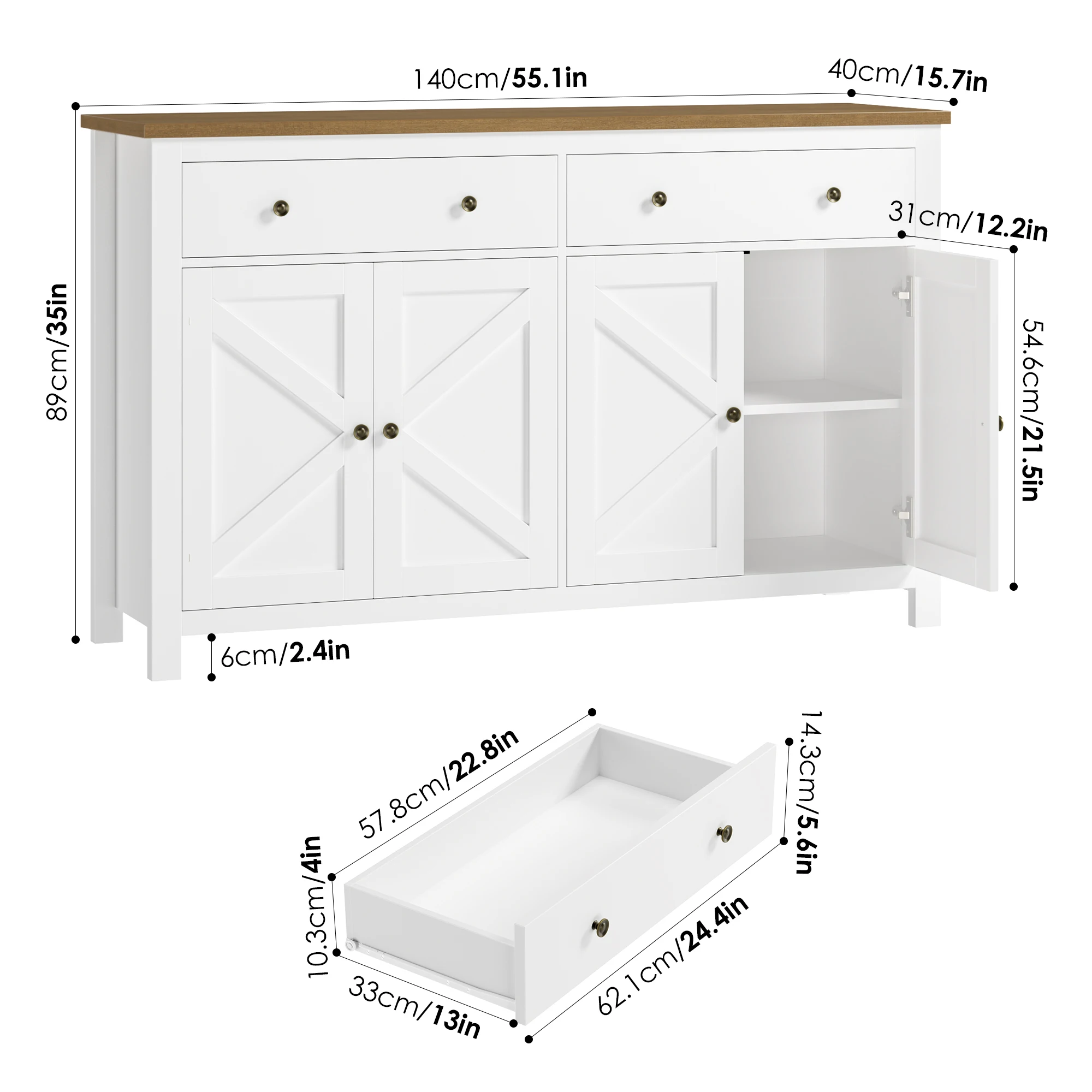 Getone White Sideboard Storage Cabinet 140cm Large Kitchen Cabinet for Living Room Dining Room