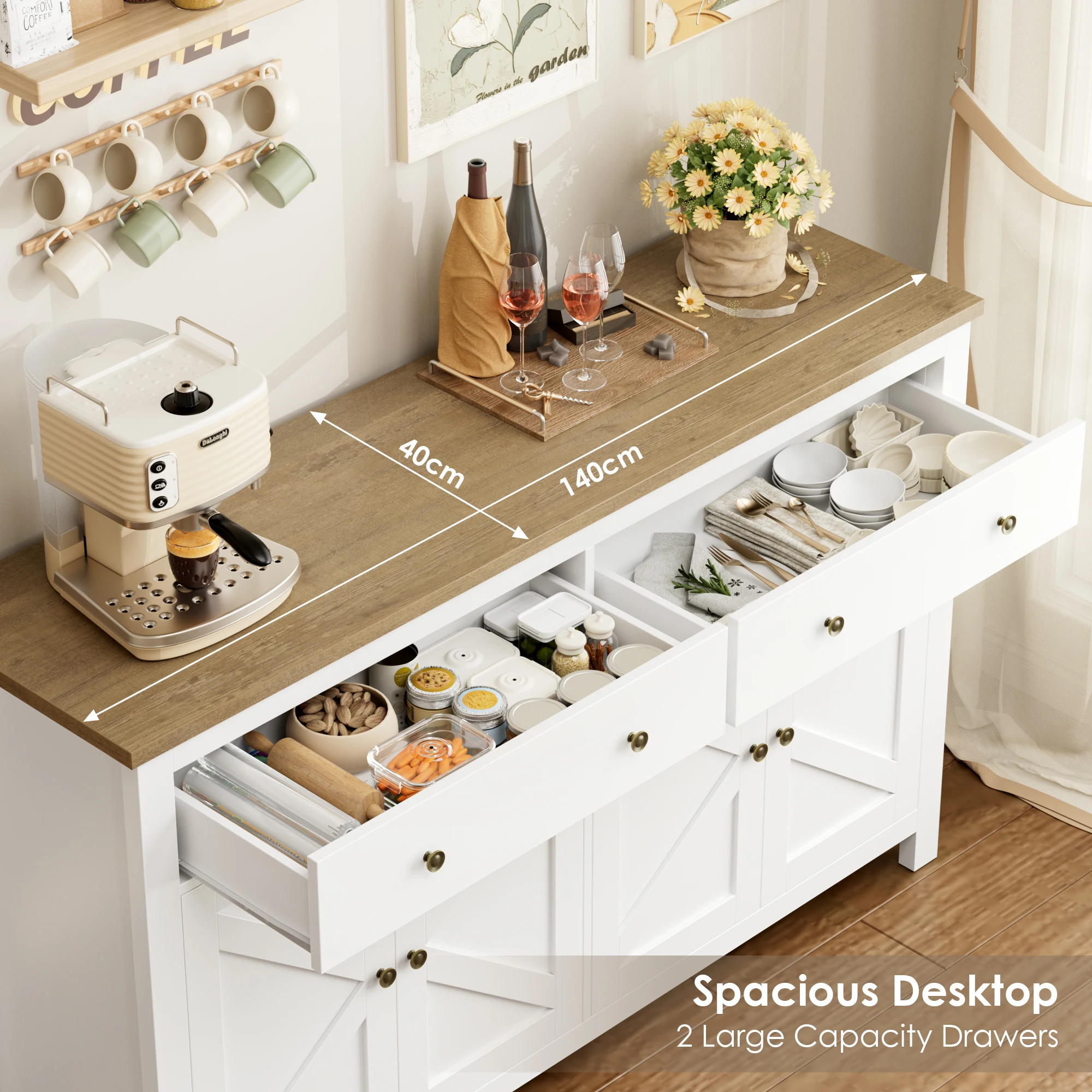 Getone White Sideboard Storage Cabinet 140cm Large Kitchen Cabinet for Living Room Dining Room