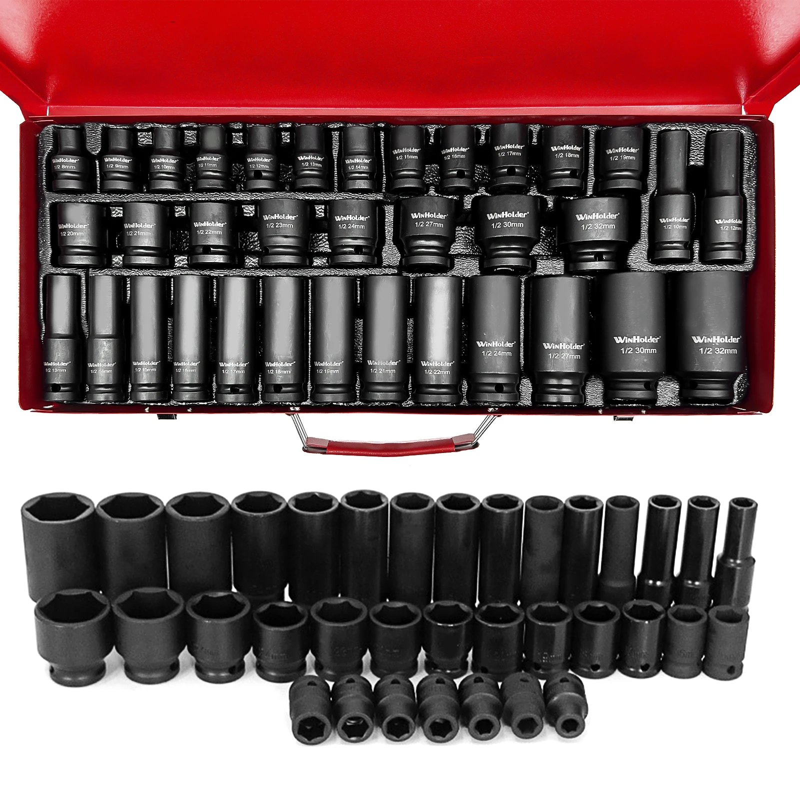 New 35Pcs Metric 6 Point 1/2" Inch Drive Deep Impact Socket Long Short Thin Wall Spindle Axle Nut Sockets Set 8mm-32mm