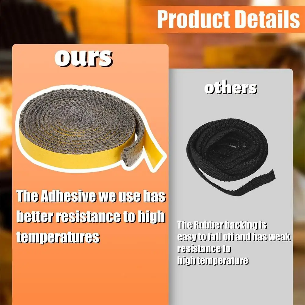 Fireplace Seal Rope Self-Adhesive Fiberglass Sealing Tape Temperature Resistant Furnace Stoves Door Gasket Tape for Stoves