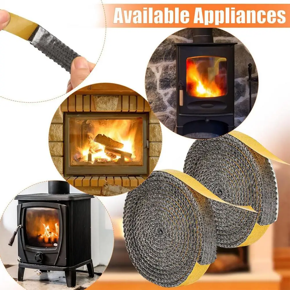 Fireplace Seal Rope Self-Adhesive Fiberglass Sealing Tape Temperature Resistant Furnace Stoves Door Gasket Tape for Stoves
