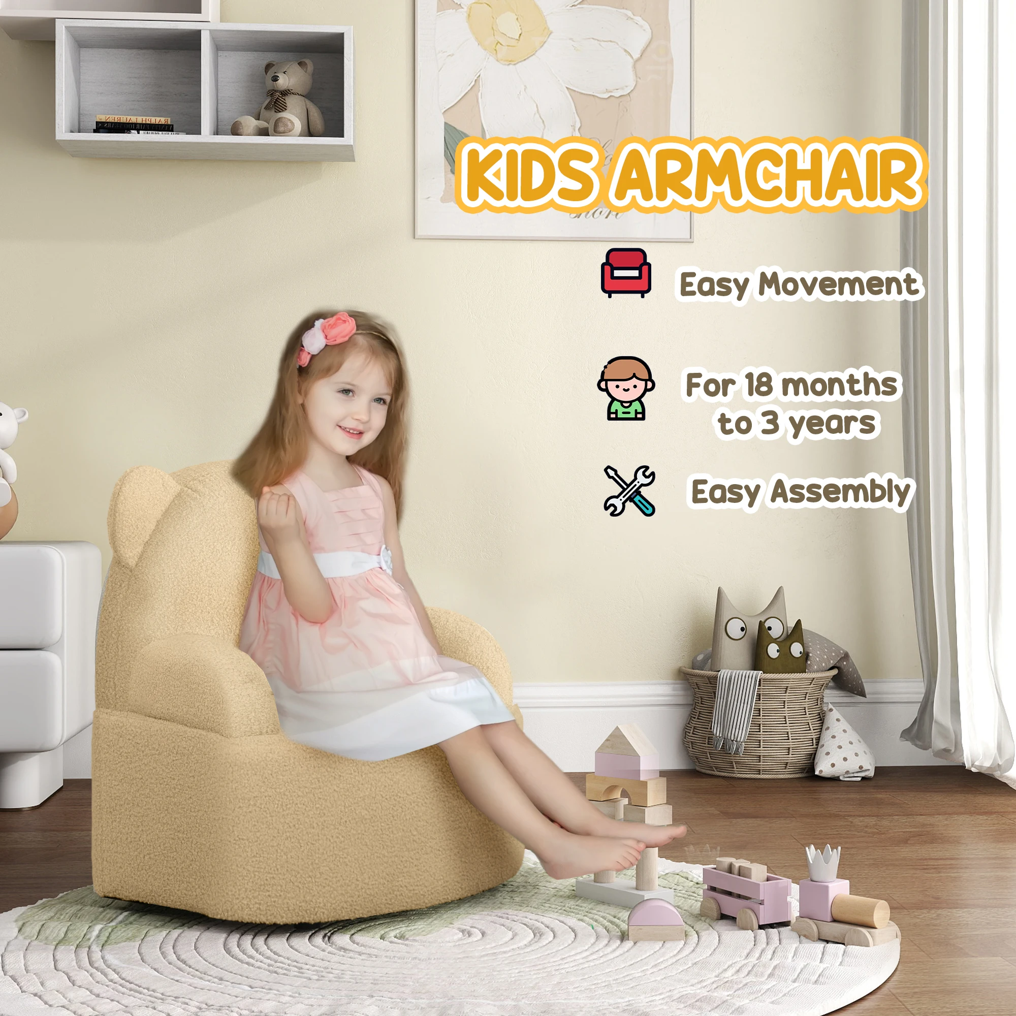 AIYAPLAY Kids Armchair, Bear Shaped Toddler Chair, Baby Armchair for Bedroom Playroom Living Room, for 18 Months to 3 Years