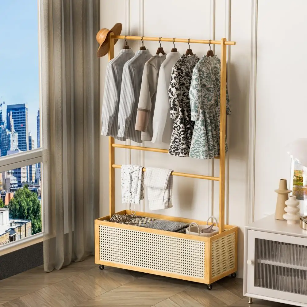 Bamboo Garment Rack, Entryway Coat Rack with Rattan Bin & Hanging Rod, 360 Degree Casters Wardrobe Closet Clothing Rack