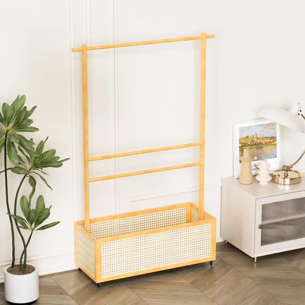 Bamboo Garment Rack, Entryway Coat Rack with Rattan Bin & Hanging Rod, 360 Degree Casters Wardrobe Closet Clothing Rack