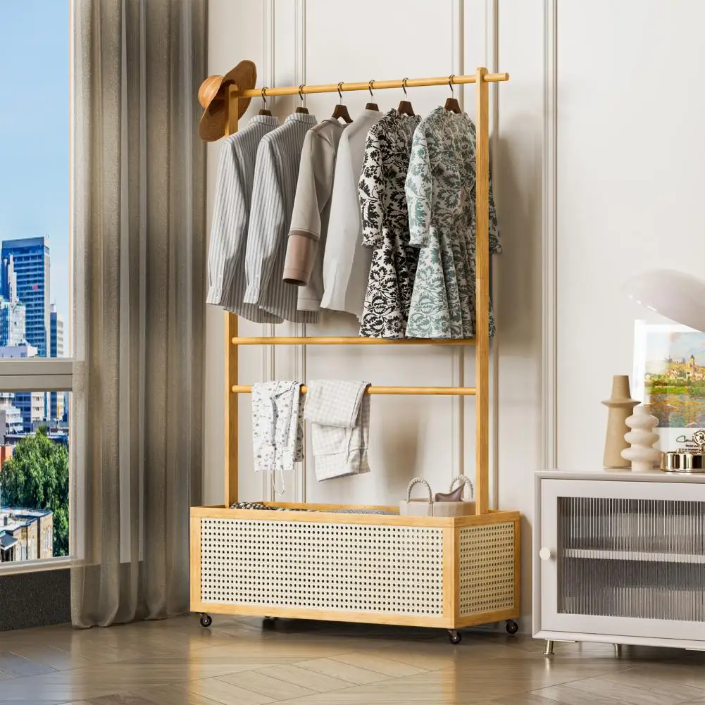 Bamboo Garment Rack, Entryway Coat Rack with Rattan Bin & Hanging Rod, 360 Degree Casters Wardrobe Closet Clothing Rack