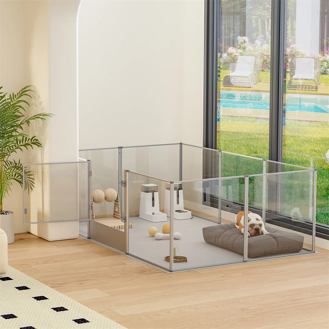 180cm Clear Acrylic Dog Playpen with Whelping Pad Indoor Pet Exercise Pen Puppy Enclosure for Cats and Dogs