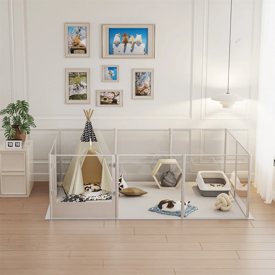 180cm Clear Acrylic Dog Playpen with Whelping Pad Indoor Pet Exercise Pen Puppy Enclosure for Cats and Dogs