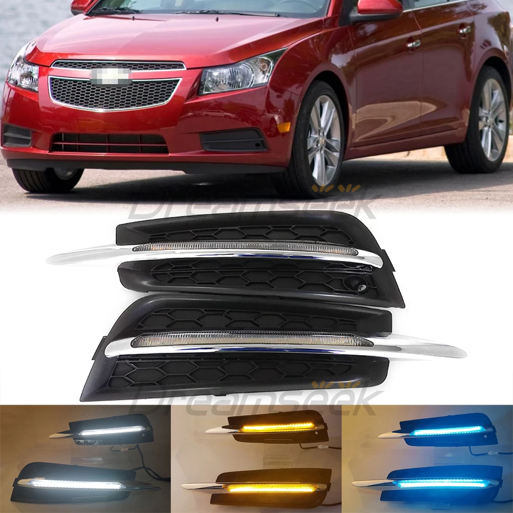 2Pcs LED DRL Daytime Running Light for Chevy Chevrolet Cruze 2011-2015 Car Fog Turn Signal Lamp Driving Daylights 3Color Bumper