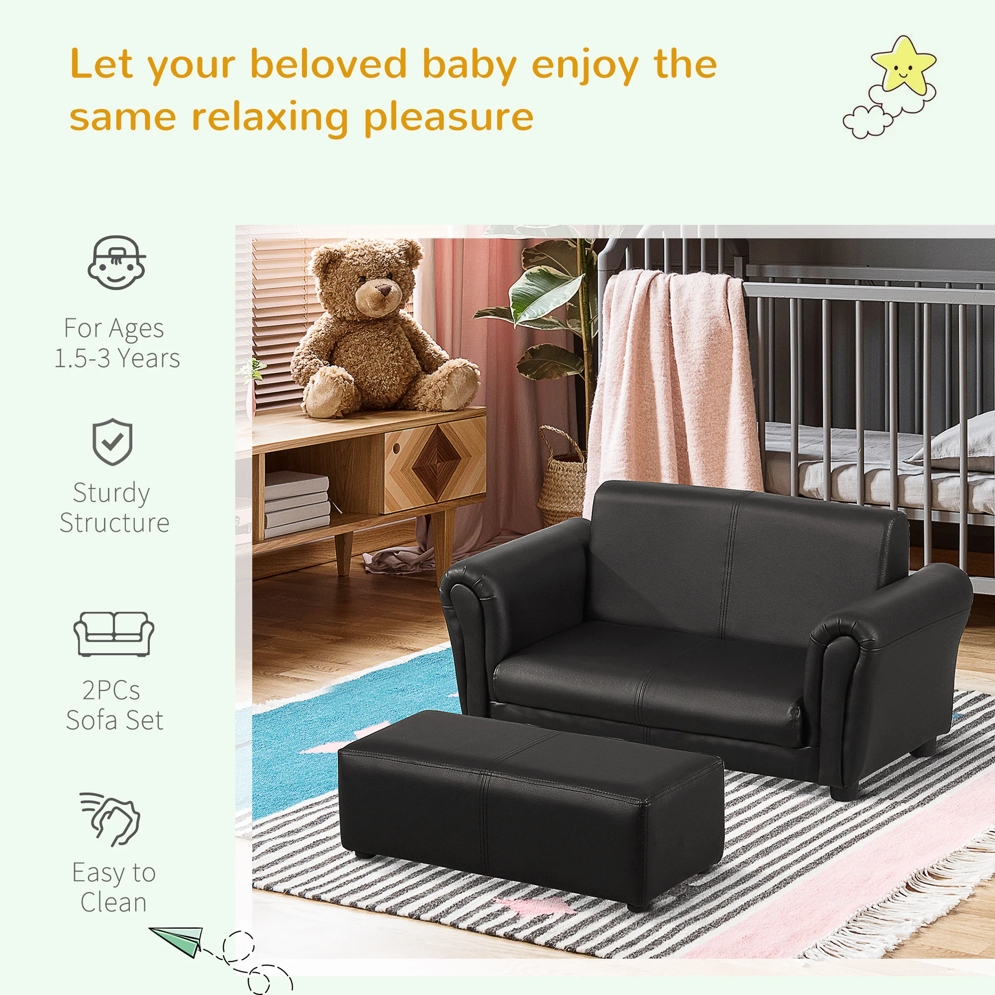 HOMCOM 2 Seater Toddler Chair Kids Twin Sofa Childrens Double Seat Chair Armchair with Footstool