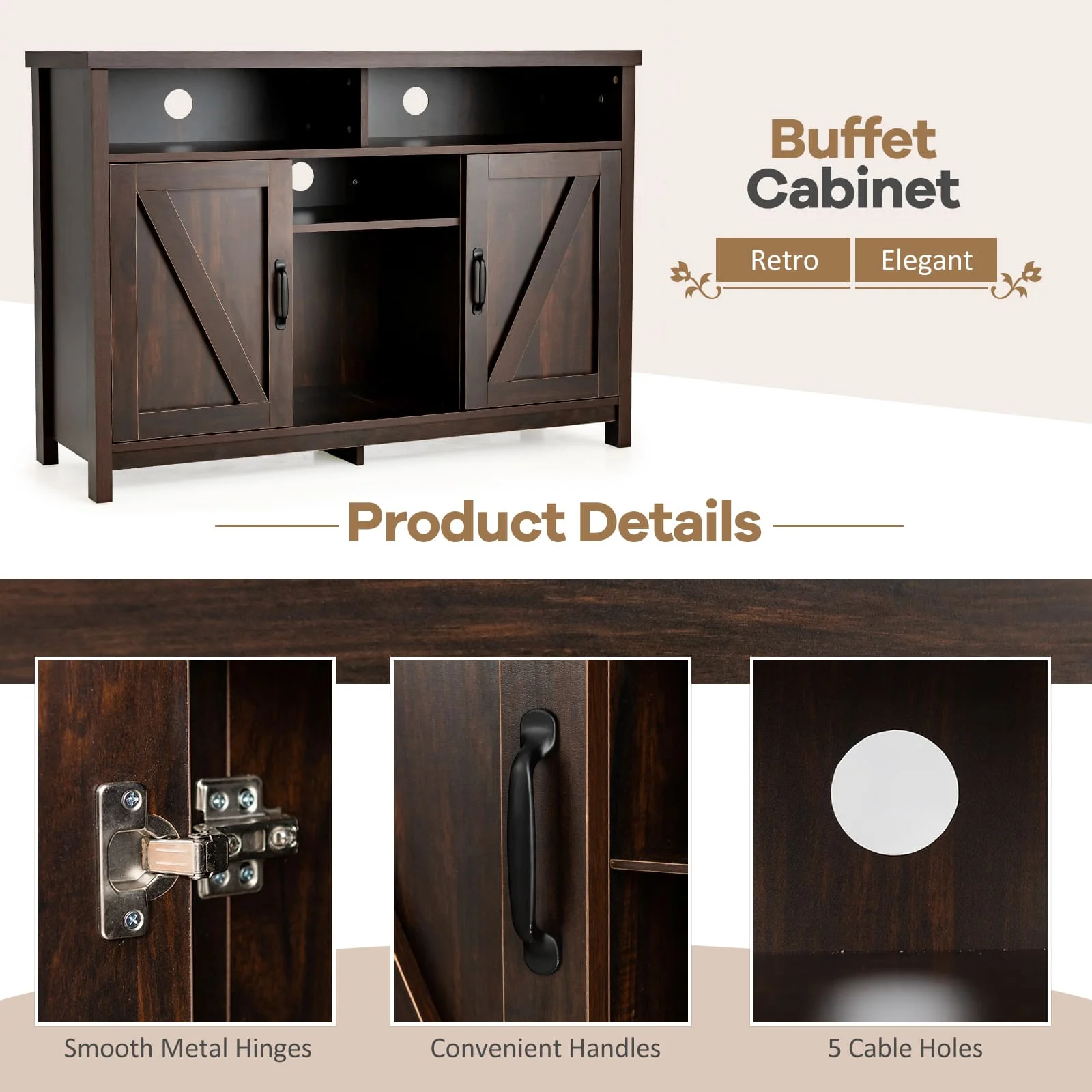 GOFLAME Buffet Storage Cabinet Farmhouse Sideboard w/9-Bottle Wine Rack-Brown