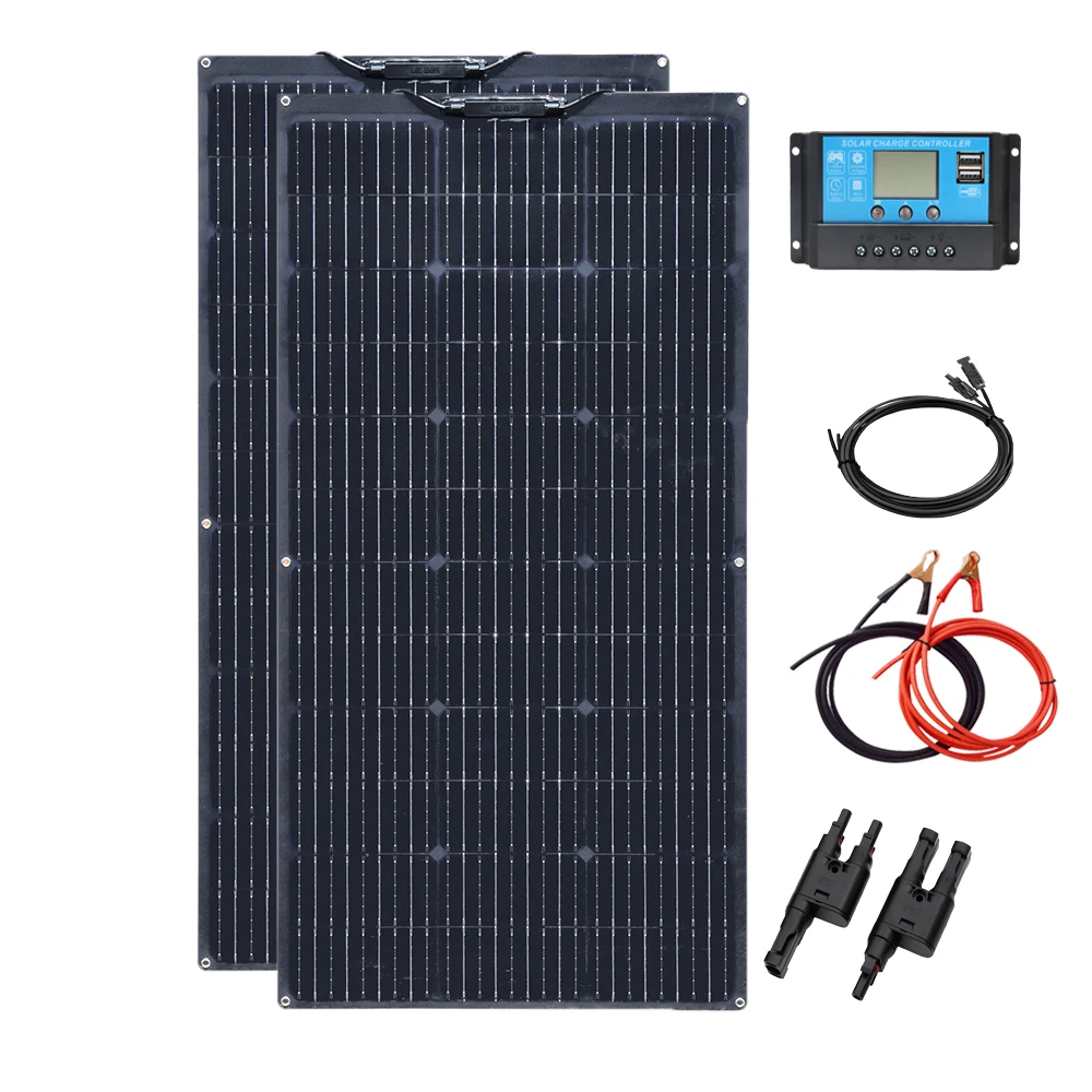 Flexible Solar Panel 200W 100W 24V/12V Monocrystalline Bendable Solar Panels Kit Charger Off-Grid for RV Boat Cabin Van Car