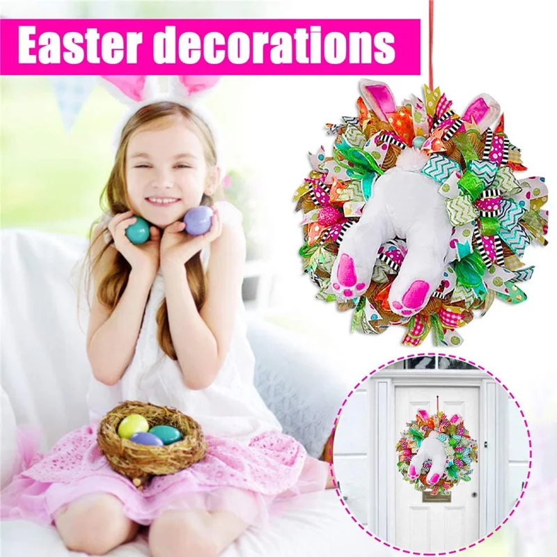 2027 New Easter Bunny Wreath Colorful Easter Bunny Garlands Spring Festival Wreath Home Wreath Decor For Front Door Decoration